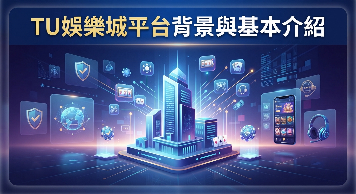 圖片展示了TU娛樂城平台的科技感背景與基本介紹。 畫面融入了數位大樓、安全防護與娛樂遊戲圖標等元素。