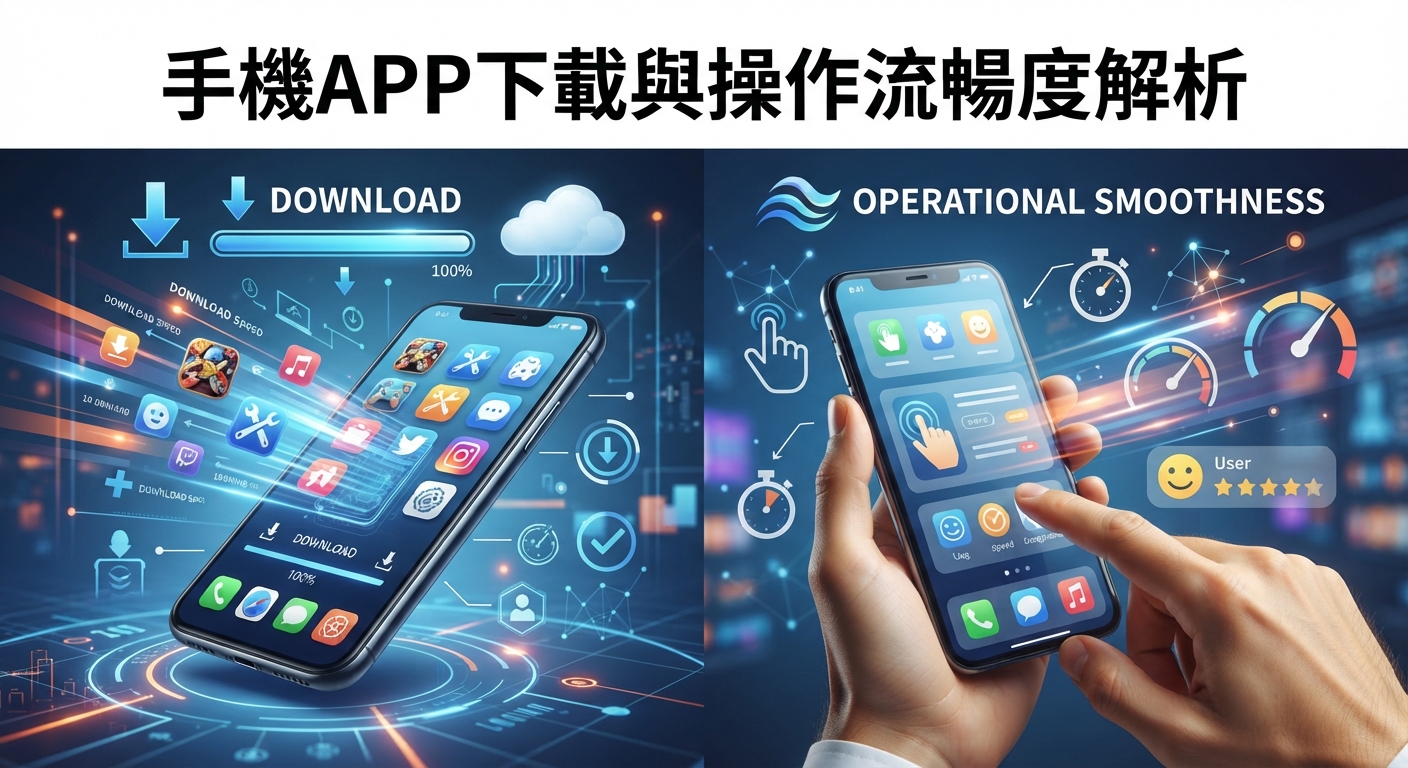 圖片上方清晰呈現「手機APP下載與操作流暢度解析」的主標題。 畫面左右兩側分別以智慧型手機展示了APP下載的科技感圖示與操作流暢度的效能分析。