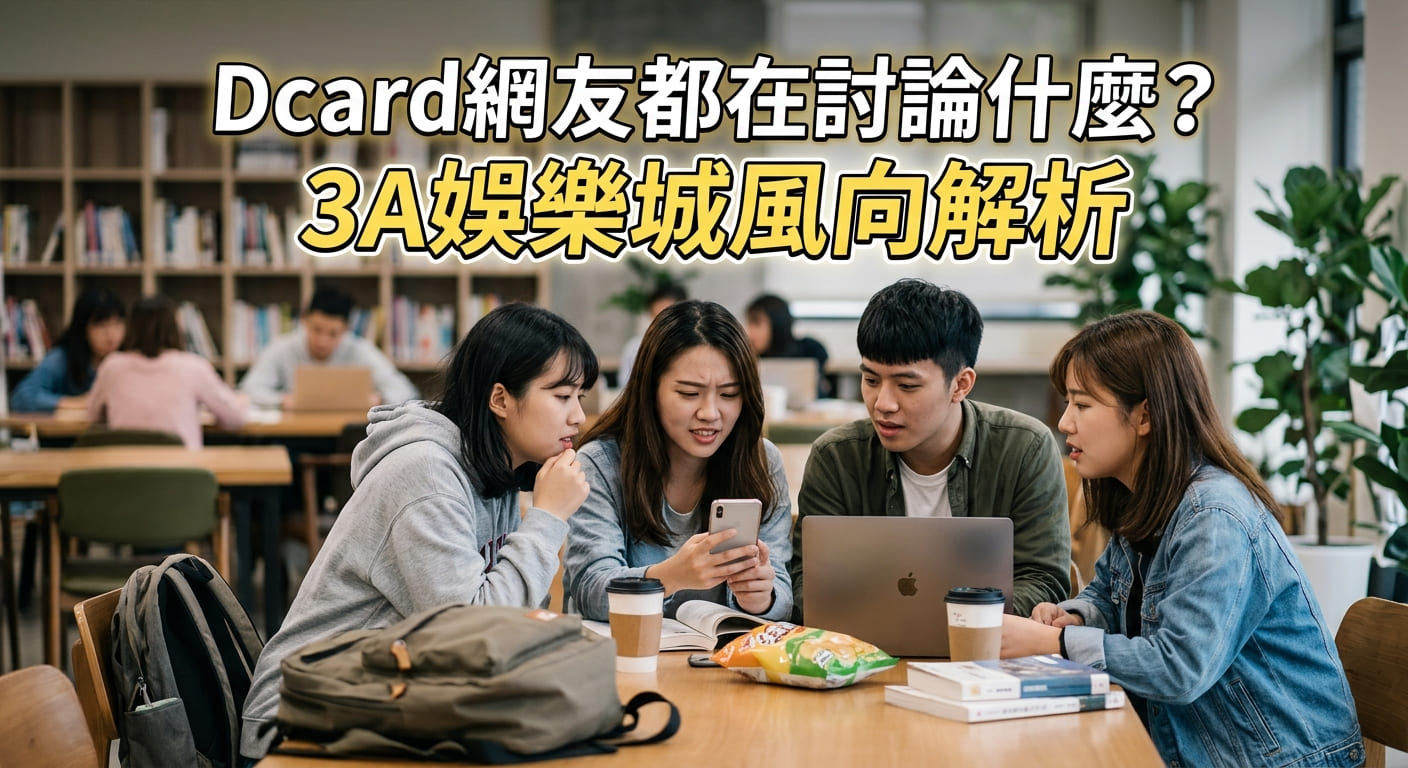 這張圖片展示了一群年輕大學生聚在圖書館裡，一起圍著手機和電腦熱烈討論的畫面。 上方上方標有醒目的黃字標題：「Dcard網友都在討論什麼？3A娛樂城風向解析」。