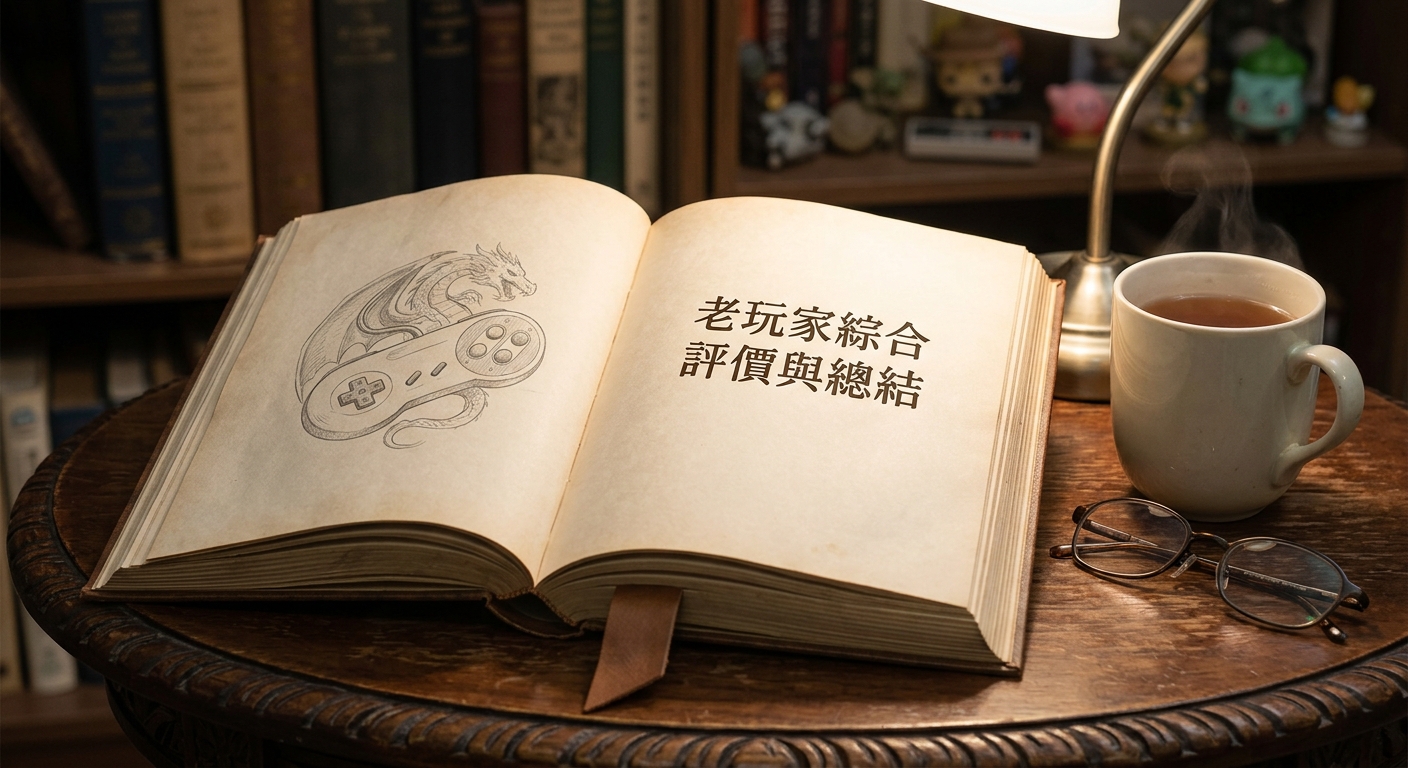 這幅影像展現了一個溫馨且充滿懷舊氛圍的書房案頭，一本打開的老舊圖書靜靜躺在木桌上。 右側頁面印有標題「老玩家綜合評價與總結」，左側則繪有精美的龍與復古遊戲手柄插圖。