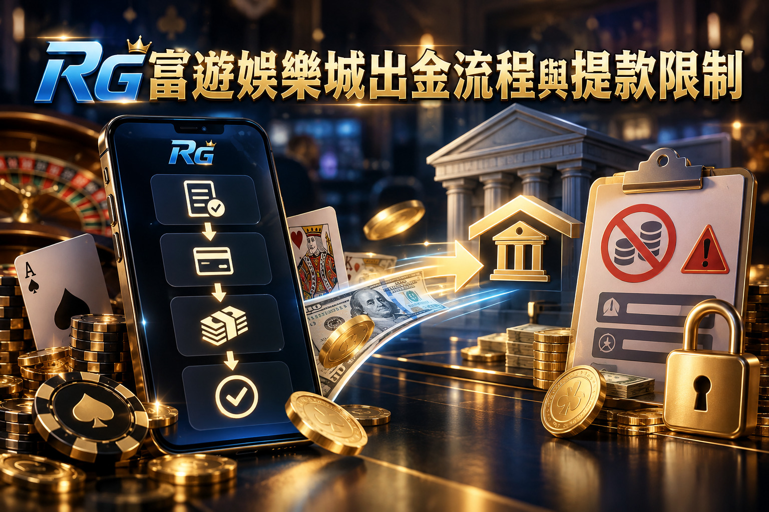 圖片以黑金色調呈現RG富遊娛樂城的出金流程,結合手機操作介面、銀行建築與金幣,展現提款申請及資金轉帳的概念。 右側透過警示標誌、提款限制圖示與金色鎖頭,強調出金規則、提款額度限制及帳戶安全的重要性。