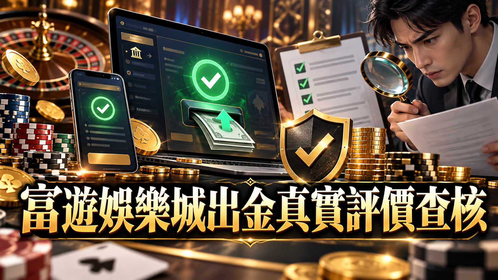 圖片以金色奢華娛樂城為背景,結合提款畫面、金幣與安全驗證符號,呈現富遊娛樂城出金流程與真實評價查核的主題。 透過人物仔細檢視交易紀錄與審核文件的情境,強調出金速度、提款限制及交易安全性等重要查證事項。
